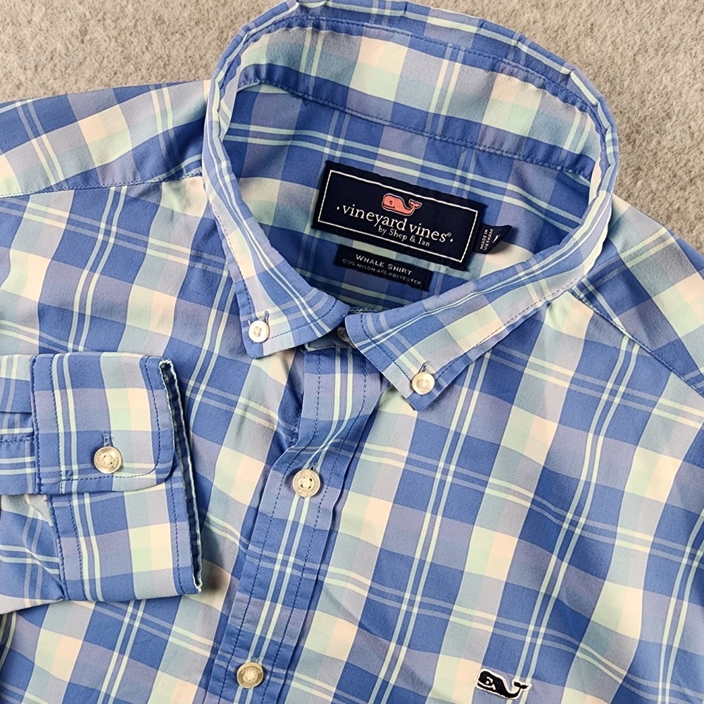Vineyard Vines Performance Mens Medium‎ Blue Plaid Whale Shirt Long Sleeve Nylon